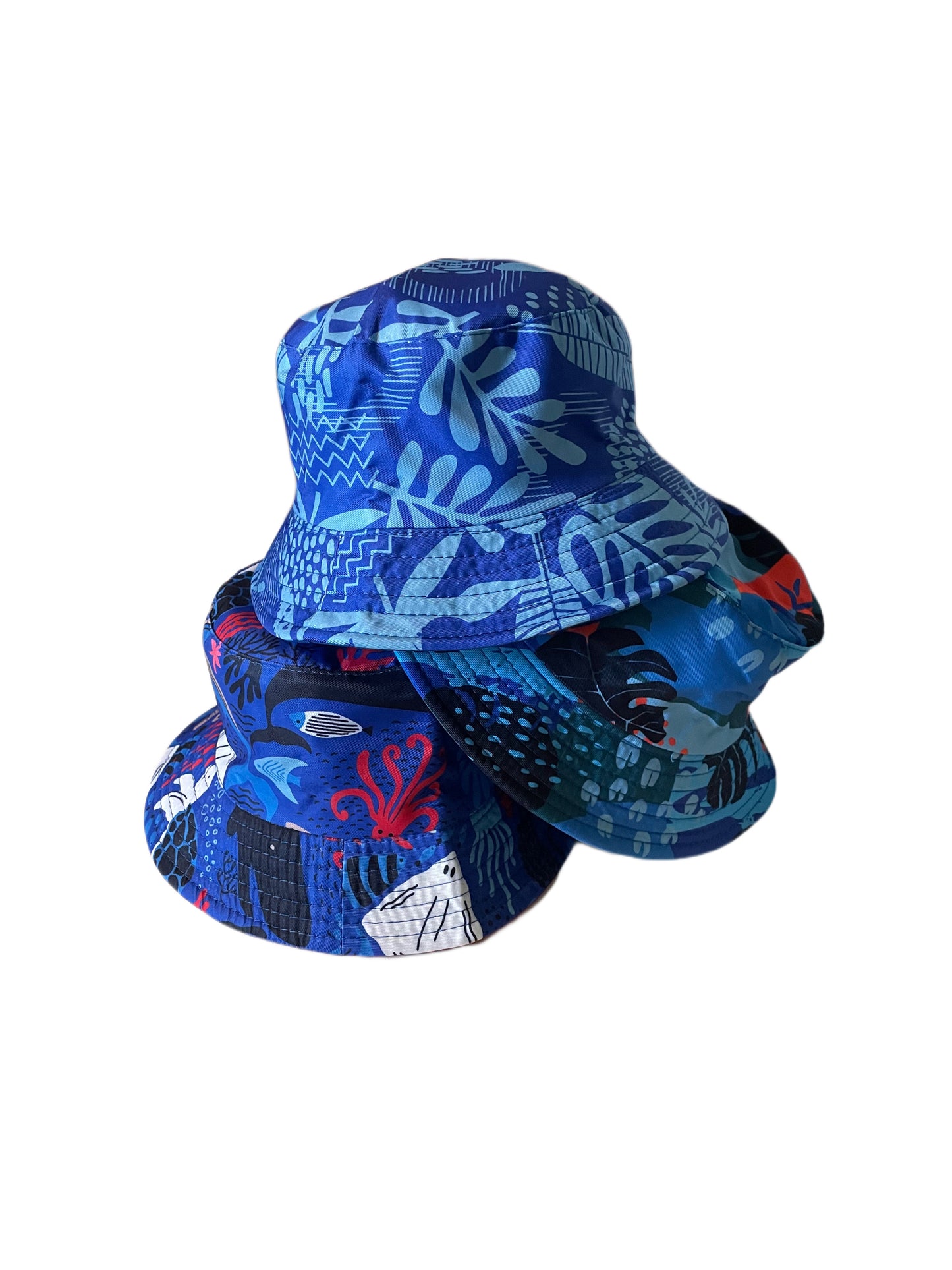 Kids Blue Leaf Design Reversible Bucket Hat