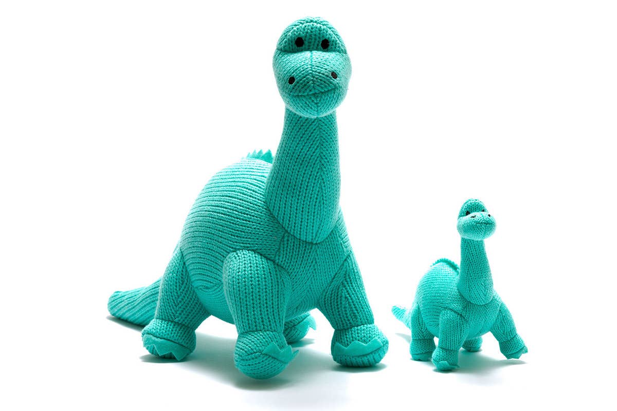 Knitted Diplodocus Dinosaur Baby Rattle - Ice Blue