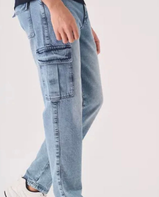 Unisex JMOJO Relaxed Fit Mid Blue Wash Denim Cargo Jeans