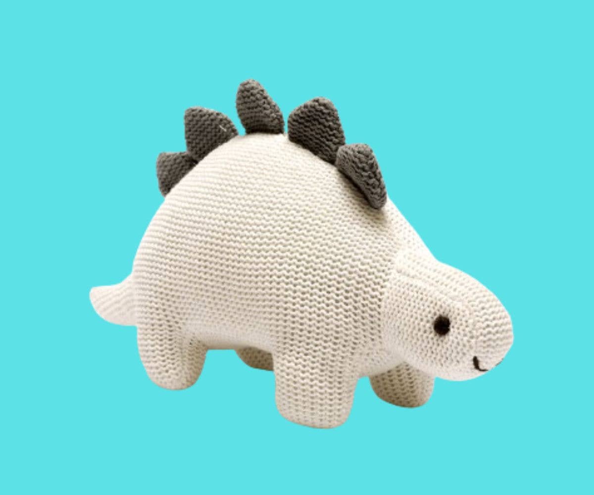 Organic White Cotton Knit Stegosaurus Dinosaur Rattle