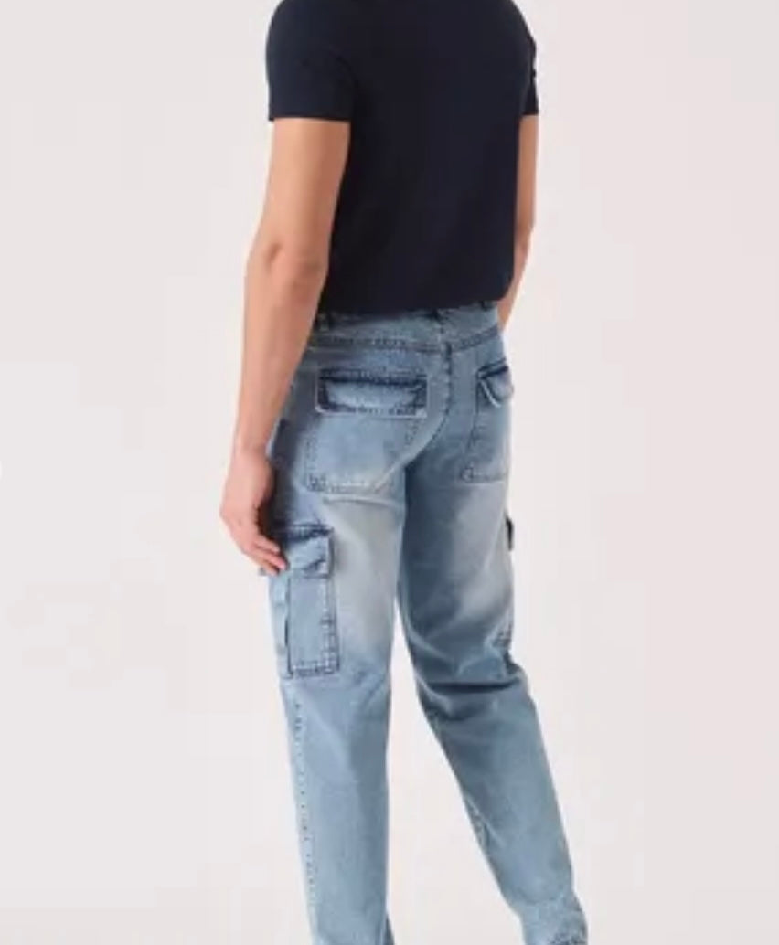 Unisex JMOJO Relaxed Fit Mid Blue Wash Denim Cargo Jeans