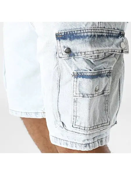 Unisex Black Industry Light Wash Cargo Denim Shorts