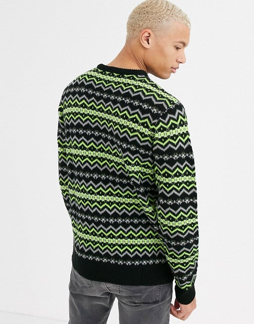 Unisex Black & Neon Green Fairisle Jumper