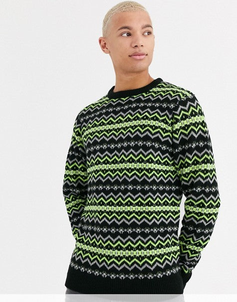 Unisex Black & Neon Green Fairisle Jumper